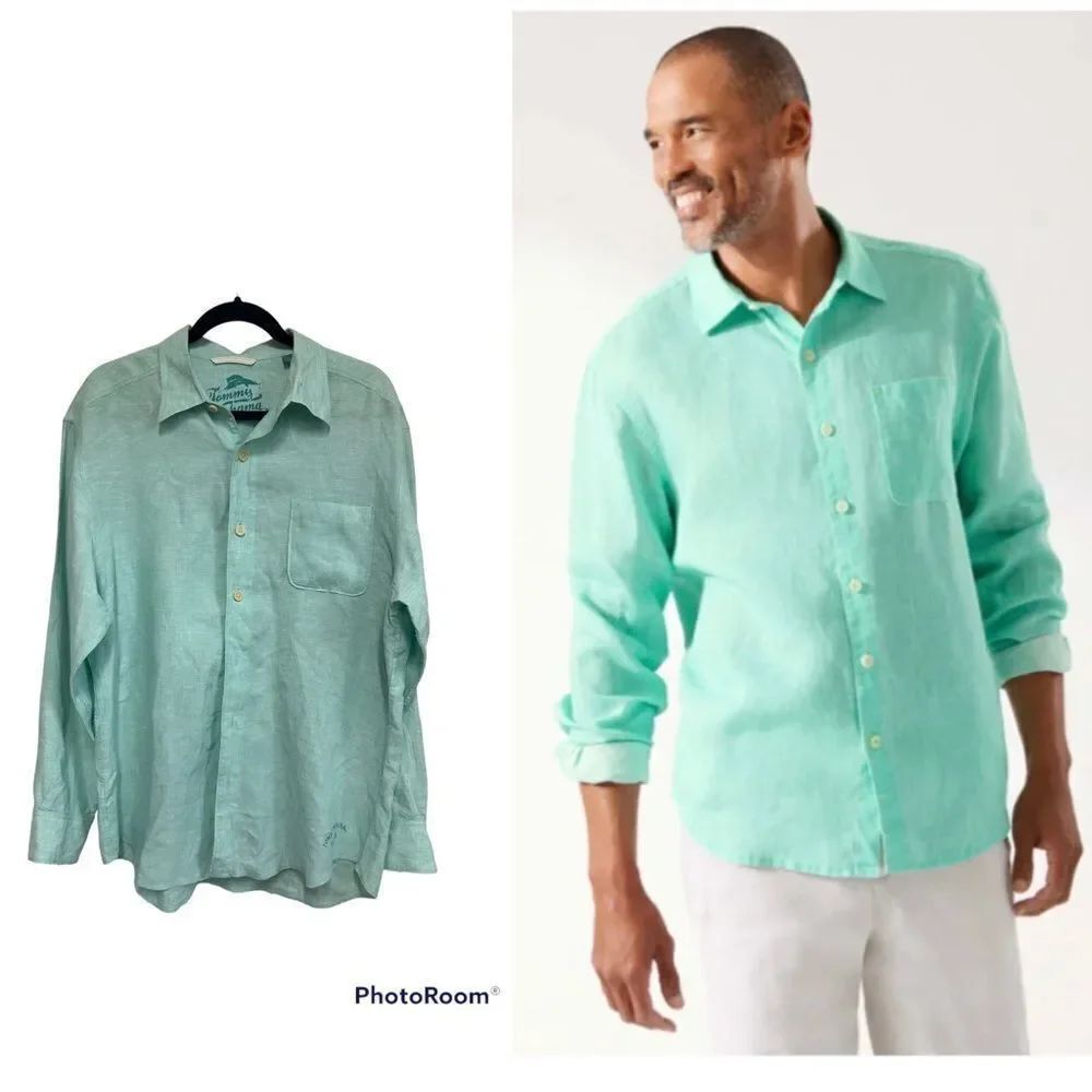 Tommy Bahama green 100% linen relax fit button down dress shirt XL